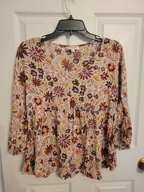 ANDREE BY UNIT Pink Floral V-Neck Peasant Top